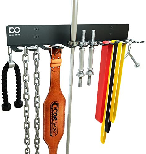 Double Circle Gym Organizer Rack with 12 Hooks, Multi Purpose Gym Equipment Wall Rack Hanger for Pro Home Gym Storage for Exercise Bands, Barbell Bars, Jumprope, Lifting Belts (Hardware Included)