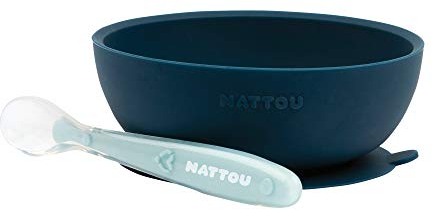 Nattou Silikon-Geschirr für Kinder, Rutschfeste Schale + Löffel, BPA-frei, Silicon, Marineblau/Hellblau