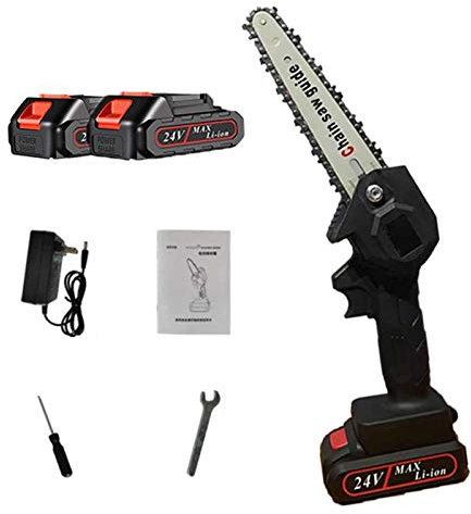 Mini motosierra de 24 V con 2 pilas recargables, mini motosierra eléctrica de 6 pulgadas, sierra portátil inalámbrica, cortador de ramas de madera, herramienta de jardinería, color negro