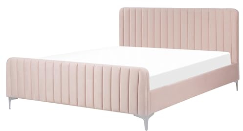 Lit Double en Velours Rose 160 x 200 cm avec Sommier à Lattes Rayures Glamour Lunan