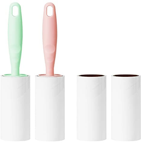 Pet Hair Lint Roller Extra Sticky Lint Remover for Clothing Furniture Carpet Couch 4 Rollers with 2 Handles (Pink/Green Handles & 4 Refills)