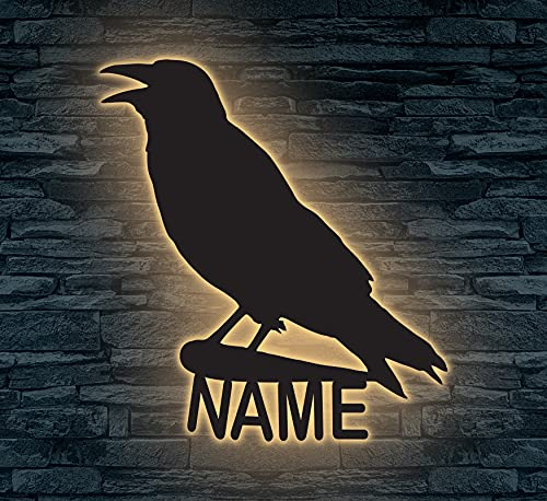 LEON - FOLIEN Led Nachtlicht Lasergravur der Rabe aus MDF Holz personalisiert mit Name Schlummerlicht Geschenk Freunde Kinderzimmer Geburtstag Glückbringer
