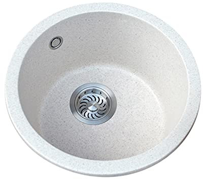 LBSI Fregadero Cocina Blanco Fregadero de Piedra de Cuarzo Fregadero Pequeño Redondo de Barra de Bar y Escurridor Blanco 220 mm de Gran Capacidad 350 * 350mm