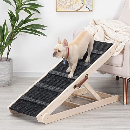 Dog Ramp for Bed - Foldable Small to Large Dog Ramp for Couch - 6 Adjustable Height from 12 to 24 - Stairs with High Traction Mat - Wooden Portable Ramp for Dogs to Get on Bed Couch Car Up to 200LBS