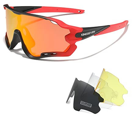 KINGSEVEN Polarisierte Fahrradbrille für Herren Damen Fahrrad MTB Rennrad Sonnenbrille mit 4 Wechselgläsern LS-911 (Farbverlauf Rot/Orange)
