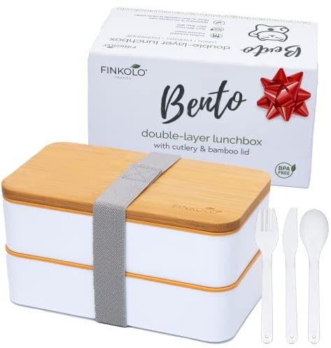 Finkolo Lunch Box Boîte Bento Avec Couverts, 2 Compartiments, Couvercle Bambou, Boite Repas Japonais Adult, Boite a Gouter Enfant