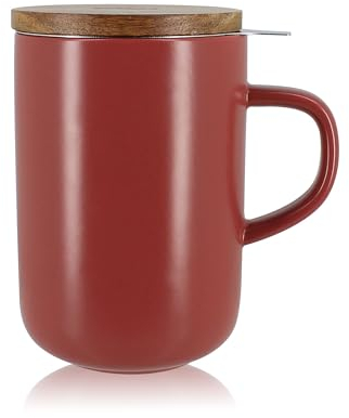 OGO LIVING Juliet 7912035 Teebecher 475 ml - ideal für Tee und Kräutertee - Teetasse aus Steinzeug und Deckel aus Akazienholz - Bordeaux