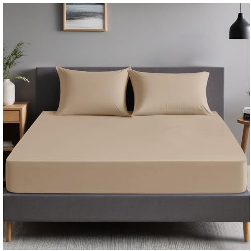 GC GAVENO CAVAILIA | Plain Dyed Bedding Fitted Bedsheets - Soft & Comfy (137 x 193 Cm) Double Bed Sheet - Breathable Non Iron Percale Sheets - Natural | Double