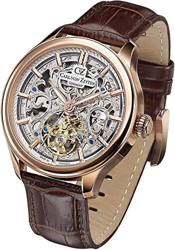 Carl von Zeyten St.Georgen Automatik Herren Armbanduhr aus Edelstahl und Leder in der Farbe Roségold-Braun 46mm, Wasserdichtigkeit: 3Bar, CVZ0014RSLS