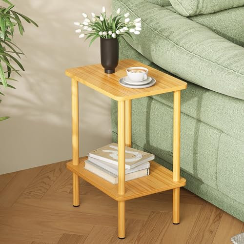 APICIZON 2 Tier Side Table, Narrow End Table with Storage Shelf, Bedside Table Nightstand for Small Spaces, Bedroom, Living Room, Entryway, Farmhouse, No-Tool Assembly, Natural