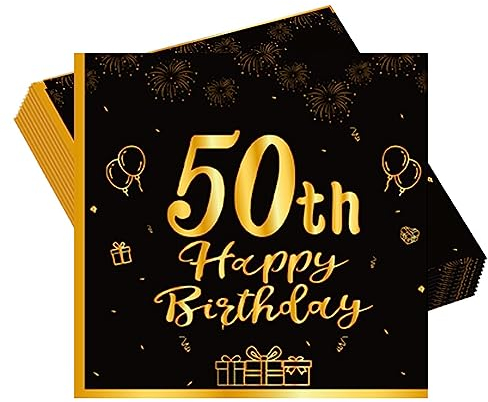 Schwarz Gold 50. Geburtstag Party Servietten 20 Stück 50. Geburtstag Deko Servietten mit Hochwertige Papier 33x33cm Geburtstagsservietten für Manner Frauen 50. Geburtstag Party Tisch-Dekoration