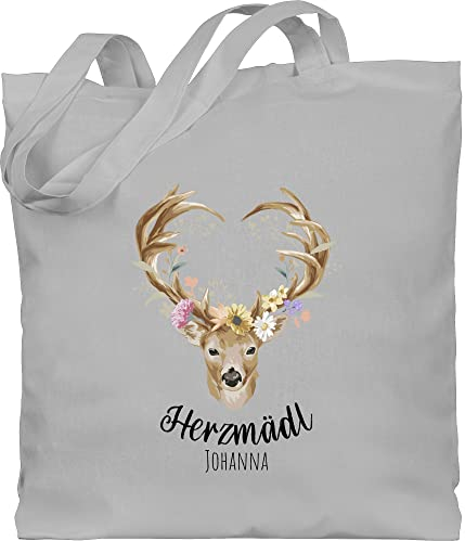 Baumwolltasche - Kompatibel Oktoberfest - Herzmädl Hirsch Geweih Hirschgeweih Madl - Unisize - Hellgrau - jagdhirsch jutebeutel bayrischer abend hirschmotiv stoffbeutel bayern herzmadl stofftasche