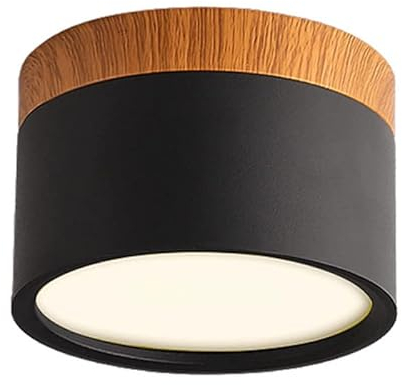 Schindora LED-Deckenleuchte, Holzdekor-Aufbaustrahler, Mini-Deckenleuchte, rund, schwarz, warmweiß 3000 K, 12 W.