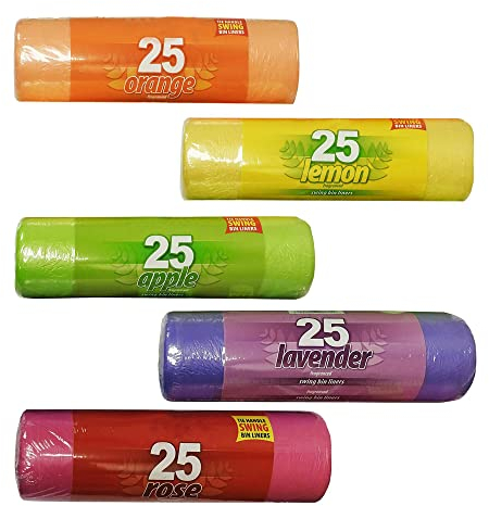 125 Pedal Bin Liner Bags (5 Packs of 25) - 50L Fragrance Scented in Rose, Lavender, Lemon, Orange, and Apple Tie Handles for Bathroom, Kitchen, and Office Sold by VR Angel