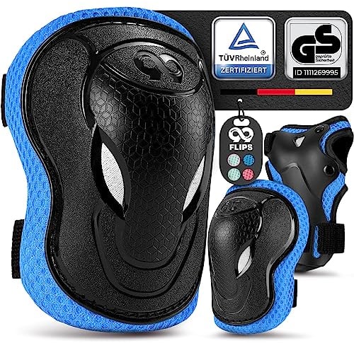 99FLIPS Knieschoner Kinder mit GS [6er Set] - GRIND - XS Blau - Schoner Inliner Kinder - Knieschützer Protektoren mit Knie- und Ellenbogenschützer - Schützer Protektoren Inliner