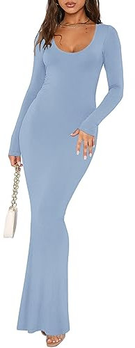 REORIA Damen Sexy U-Ausschnitt Langarm Lounge Langes Kleid Gerippte figurbetonte Maxikleider Blau S