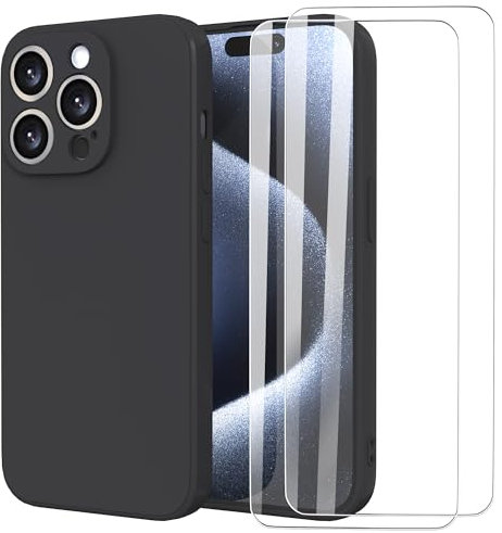 MIKULLE Compatibile per iPhone 15 PRO (6.1) Cover + 2 Pellicola Vetro Temperato, Morbida Silicone Liquida TPU Protettivo Ultra Slim Custodia Antiurto Custodia con iPhone 15 PRO - Nero