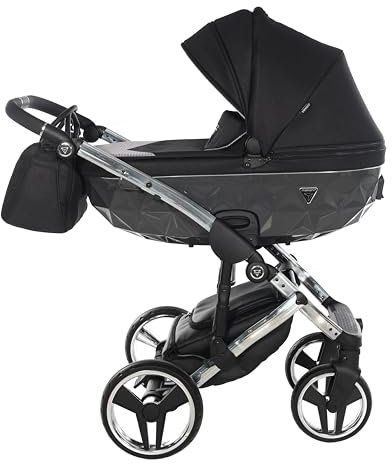 Junama Diamond S-Line V3 2in1 3in1 4in1 Baby-Kinderwagen, Kinderwagen, Autositz ISOFIX + Regenschirm, exklusiver Kinderwagen (2in1 mit Adaptern, Schwarz-Grau 01)