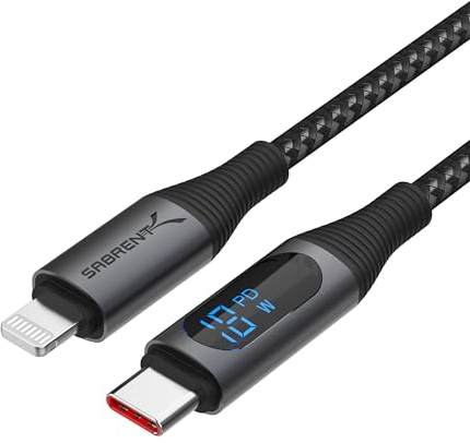 SABRENT Câble USB-C vers Lightning avec Affichage Intelligent, Longueur 1M/3.3FT, Certifié MFI, Charge de 60W et Vitesses de Transfert de Données de 480Mbps, pour iPads, iPods, Mac (CB-C2L1)
