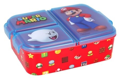 My sweety pop Brotdose – Lunchbox – für Kinder – Krippe – Kindergarten – Schule – Urlaub – Mahlzeit – 19,5 cm – Geschenkidee – 3 Fächer – Super Mario – Rot – Jungen
