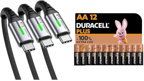 INIU USB C Charger Cable, 3Pack(0.5+2+2m) USB A to USB C Cable 3.1A Fast Charging & Duracell Plus AA Batteries (12 Pack) - Alkaline 1.5V -10 Year Storage - LR6 MN1500