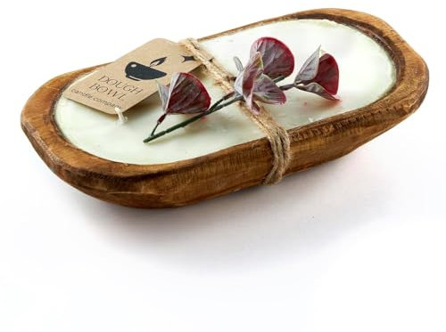 Dough Bowl Candle Co. Eucalyptus Soy Candle - 3 Wick Rustic Farmhouse Decor Odor Eliminator in Wooden Bowls, 20 Oz Wooden Dough Bowl Candle, All-Natural Gifts for Women and Men, Coffee Table Decor