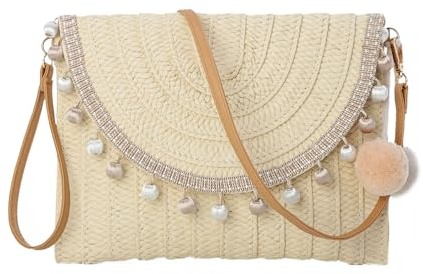 EVEOUT Pochette en Paille Tissée pour Femmes été Clutches Sac à Main en Paille Tressée avec Bandoulière et Pompons pour Parti Mariage Plage Vacances(Beige Balle)