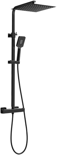 Black Thermostatic Shower Mixer Set, Bevankly Square Thermostatic Shower System, Thermostatic Shower bar Set with 11.8 Rainfall Shower and Multi-Function Handshower, Matte Black
