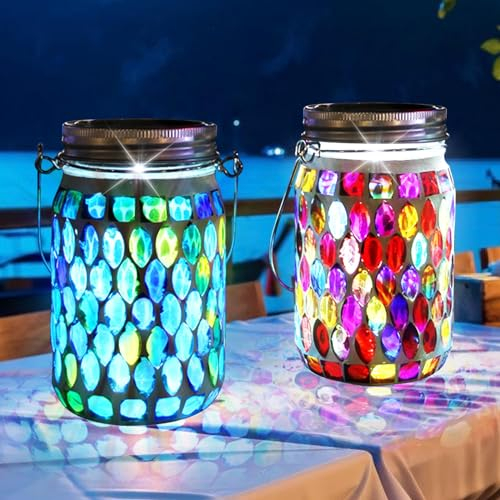 Vegena 2 Stück Solarlaterne Für Außen, Solarlampen Für Außen, Gartenleuchten Solarleuchten Für Außen Solar Mosaik Leuchte Hängend Ip65 Wasserdicht Für Garten, Terrasse, Party, Outdoor Dekor(Rot, Blau)