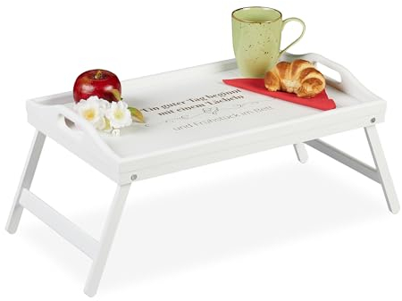 Relaxdays Betttablett, mit graviertem Spruch, Geschenk, Bambus, HxBxT: 22 x 61,5 x 30 cm, klappbarer Betttisch, weiß