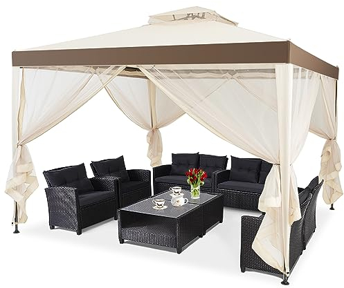 COSTWAY 3x3m Pavillon mit Moskitonetz und Doppeldach, wasserdicht, stabil, Winterfest, Gartenpavillon, Partyzelt für Terrasse, Garten, Hinterhof (Beige)