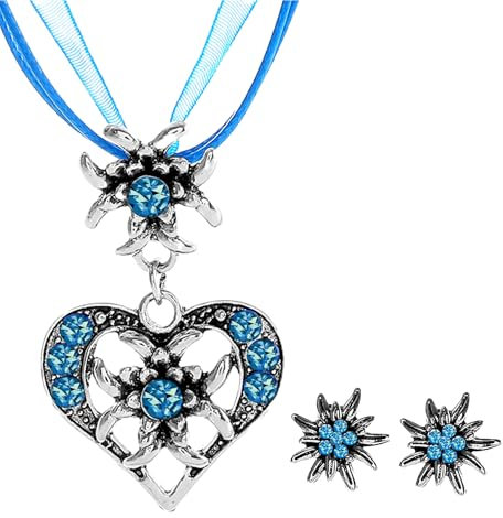 APMGONT 3 Stück Bayerisch Dirndlschmuck Set für Damen, Trachtenkette mit Strass Edelweiß Herz Anhänger Edelweiß Ohrstecker Trachtenschmuck Set für Oktoberfest Bierfest Dirndl (Seeblau)