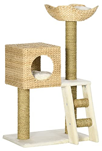 PawHut Kratzbaum 100,5 cm Katzenbaum mit Katzenhöhle, Bett, Treppe, Katzenkratzbaum mit Sisal-Kratzsäulen, Kissen, für Katzen bis 4,5 kg, Natur
