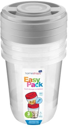 HOMESHOPA Round Plastic Food Storage Containers, Grey 3 Pack 1 Litre Screw & Seal Lids BPA-Free Stackable Leak-Proof Airtight Canisters, Microwave and Dishwasher Safe