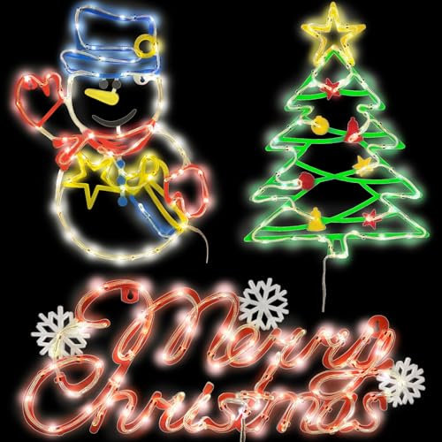 Christmas Window Silhouette Lights Decorations - 16in Pack of 3 USB Waterproof Sign Lighted Colour Snowman Merry Christmas Tree for Holiday Indoor Wall Door Glass Decorations