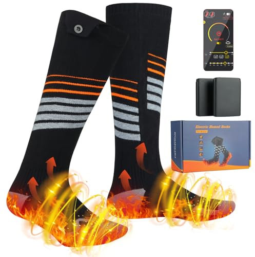 Wiederaufladbare Elektrisch Beheizbare Socken mit 2 Stck Akku 5000mAH, 3 Temperatur APP Kontrolle Beheizte Socken Damen Herren, Heizsocken Warme Socken Fusswärmer Fußwärmer (Schlieren)