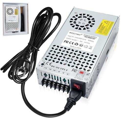 BOSYTRO Potenziamento 24V 25A 600W Alimentatore Trasformatore, Trasformatore LED AC110/220V DC 24V Alimentatore Universale per Stampante 3D, CCTV, Progetti industriali (Con cavo di alimentazione)