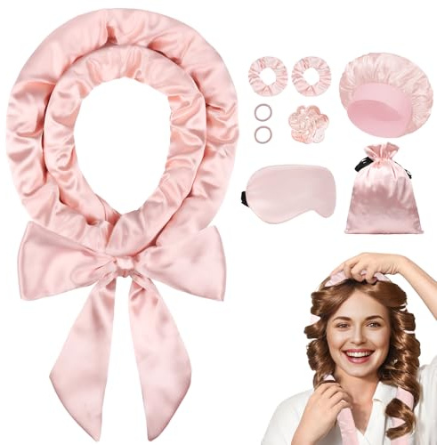 Ystrybo Satin Heatless Curls Lockenwickler Über Nacht, Heatless Overnight Curls Band Locken Ohne Hitze für Volumen Lange Haare, 9 PCS Locken Über Nacht Lockenwickler Set DIY Hair Curler (Rosa)
