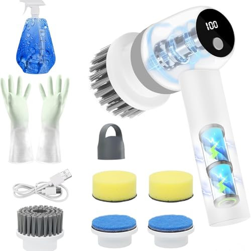 EBUYFIRE Brosse Nettoyage Electrique sans Fil, Brosse Electrique Nettoyage avec 5 têtes interchangeables et 2 Vitesses, LED Rechargeable Brosse Rotative nettoyage pour Les Salles Cuisines Coins de Sol