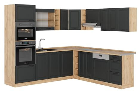 Vicco Eckküche R-Line, Anthrazit Landhaus/Goldkraft Eiche, 237 x 247 cm, AP Eiche