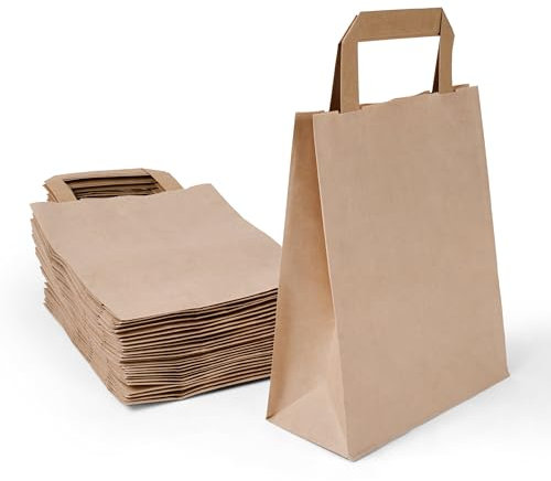 Inoverse 50 stk Papiertüten mit Henkel, Papiertragetaschen, 18+08x22 cm Geschenktüten, Braun Kraftpapiertüte, Papiertaschen, Groß Einkaufstüten