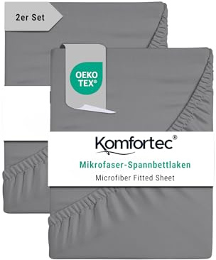 Komfortec Mikrofaser Spannbettlaken 2er Set 140x200 cm – Weiches Spannbetttuch mit Rundumgummi – Fitted Sheet für Matratzen bis 30 cm – Grau – Oeko-Tex – Pflegeleicht & Hautfreundlich – 90g/m²