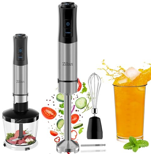 5-in-1 Stabmixer Set 1200 Watt Pürierstab, Zerkleinerer, Schneebesen, Milchaufschäumer, Messbecher Leistungsstarker Handmixer, Häcksler 12 Geschwindigkeiten Turbo zum Pürieren der härtesten Zutaten