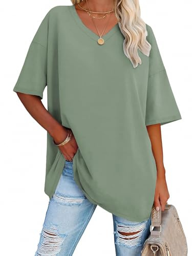 iudam Oversize T Shirt Damen mit V-Ausschnitt Sommer Longshirt Kurzarm Übergroße Oberteil Locker Sport Tops Casual Tee Shirts Blusen