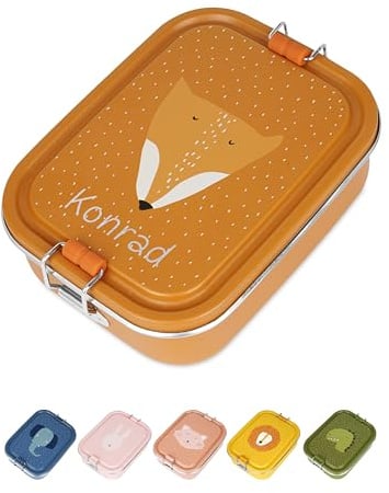 wunderwunsch TRIXIE Brotdose Kinder Edelstahl, Trinkflasche Jausenbox Set | Personalisierte Metall Lunchbox mit Fächern, kleine auslaufsichere Box, flache Lunch-Box, Dino