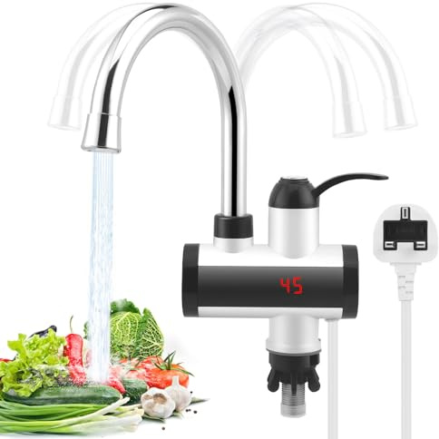 Wasserhahn mit Durchlauferhitzer, 3000W Stainless Steel Electric Tankless Water Heater Tap with 360° Electric Tap and LED Temperature Display for Camping, Garden, Kitchen, Bathroom