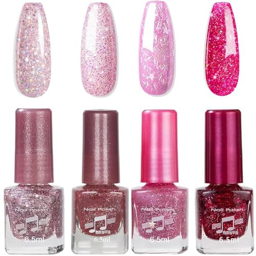 4PCS Glitter Nail Polish Set - 6.5ml Shinny Pink Sparkle Nail Varnish, Quick Dry Healthy Breathable Nail Varnish Gift Set, No UV Lamp Needed DIY Nail Art Gift Set for Women Party Holiday Birthday