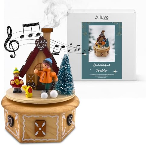 Räucherhaus mit Musikdose aus Holz – 3in1 Weihnachtsdeko für Räucherkerzen (S, M, L), Winterszene, spielt „Oh Tannenbaum“, dekoratives Räucherkegelhaus, Geschenkidee für Advent & Winter