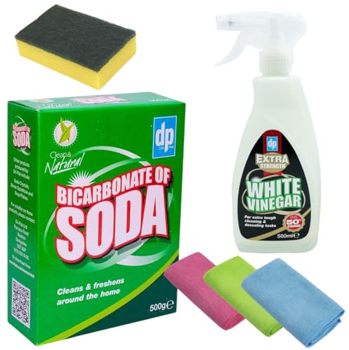 Bicarbonate of soda for Cleaning & White Vinegar for Cleaning (Baking Soda for cleaning),White Vinegar Spray Bundled with Alimos Microfibre Cloths and Sponge