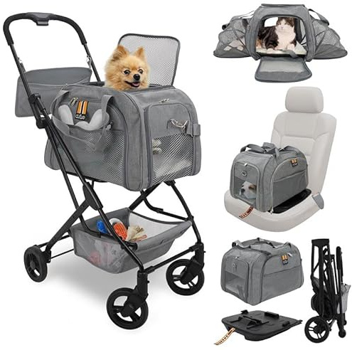 MY DUQUE - CARRY TRIO 3 in 1 Pet Travel Set, Carrier - Car Seat with Isofix - Stroller Compact Fold, Max Load 12kg/26.5lb. To Fly, To Ride, To Carry All in One. Color Grey